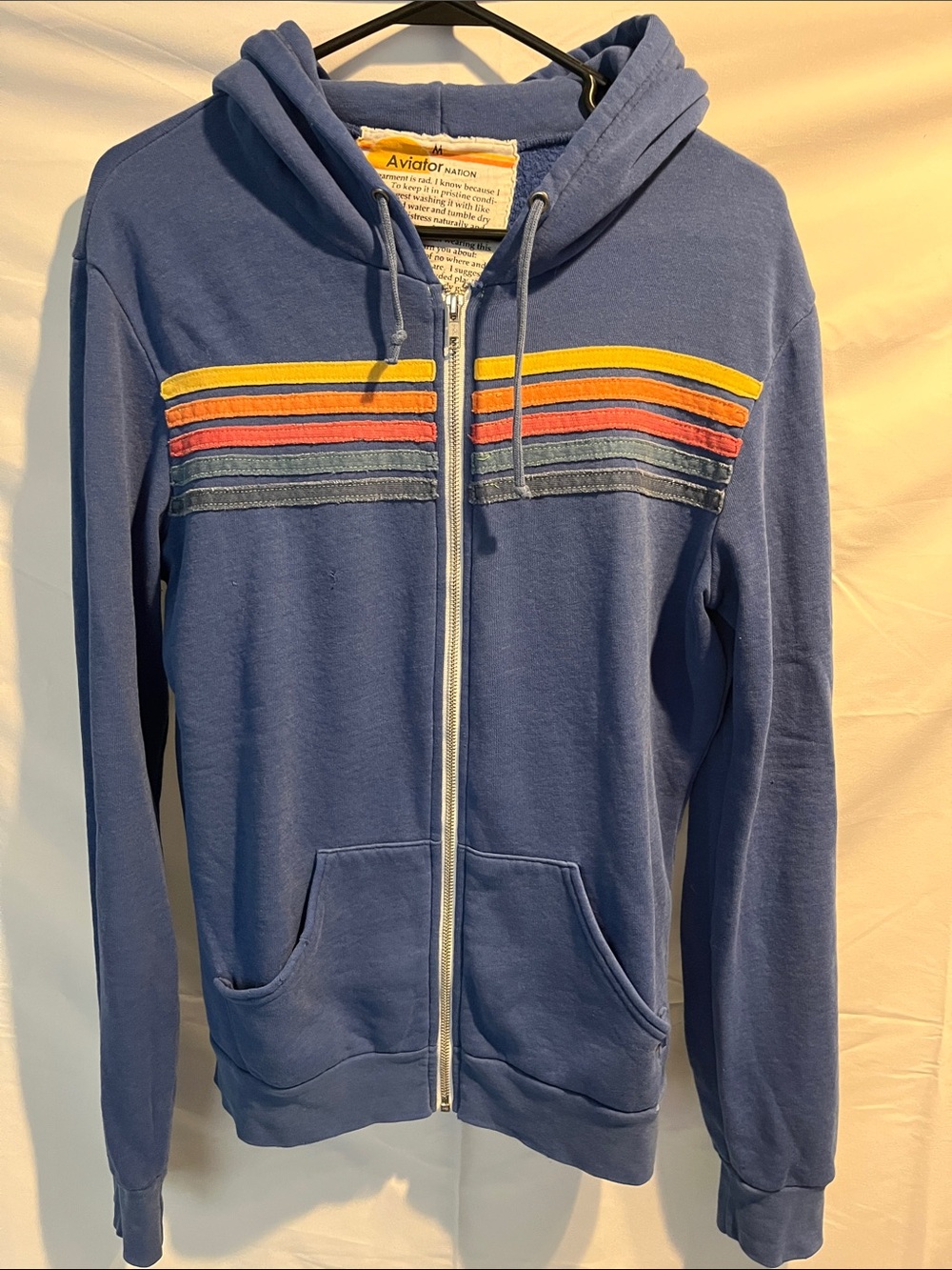 Aviator Nation Blue Zip-Up Hoodie with Yellow, Orange & Pink Stripes